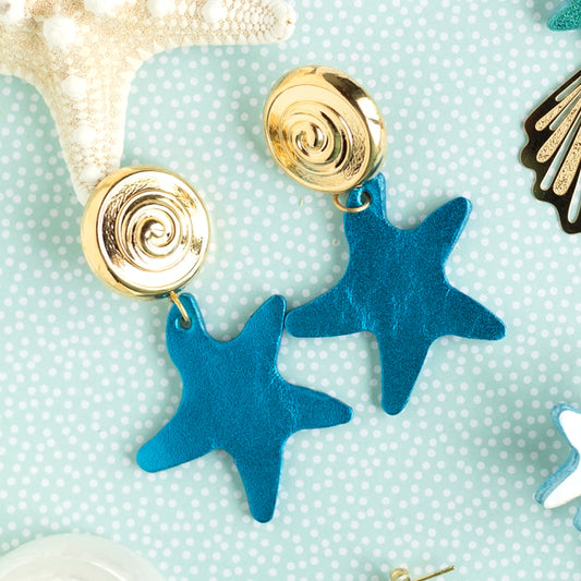 Boucles d'oreilles Odyssée - cuir bleu canard et attaches doré à l'or fin