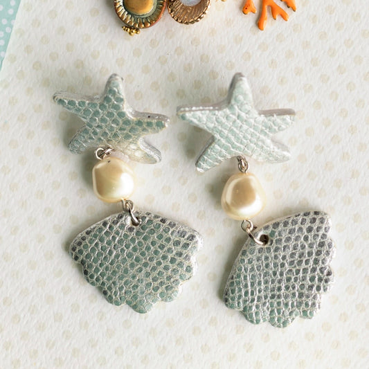 Boucles d'oreilles Poséidon - cuir écailles d'argent