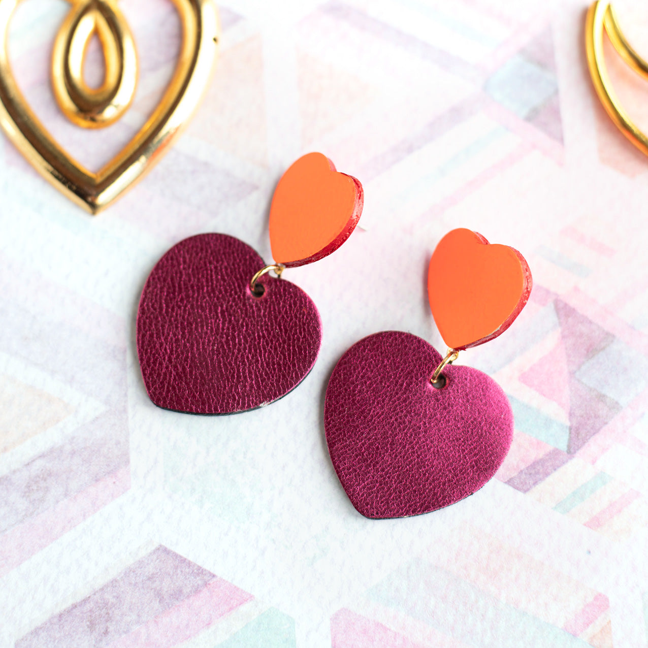 Boucles d'oreilles Coeurs - cuir rose orange fluo et framboise métallisé