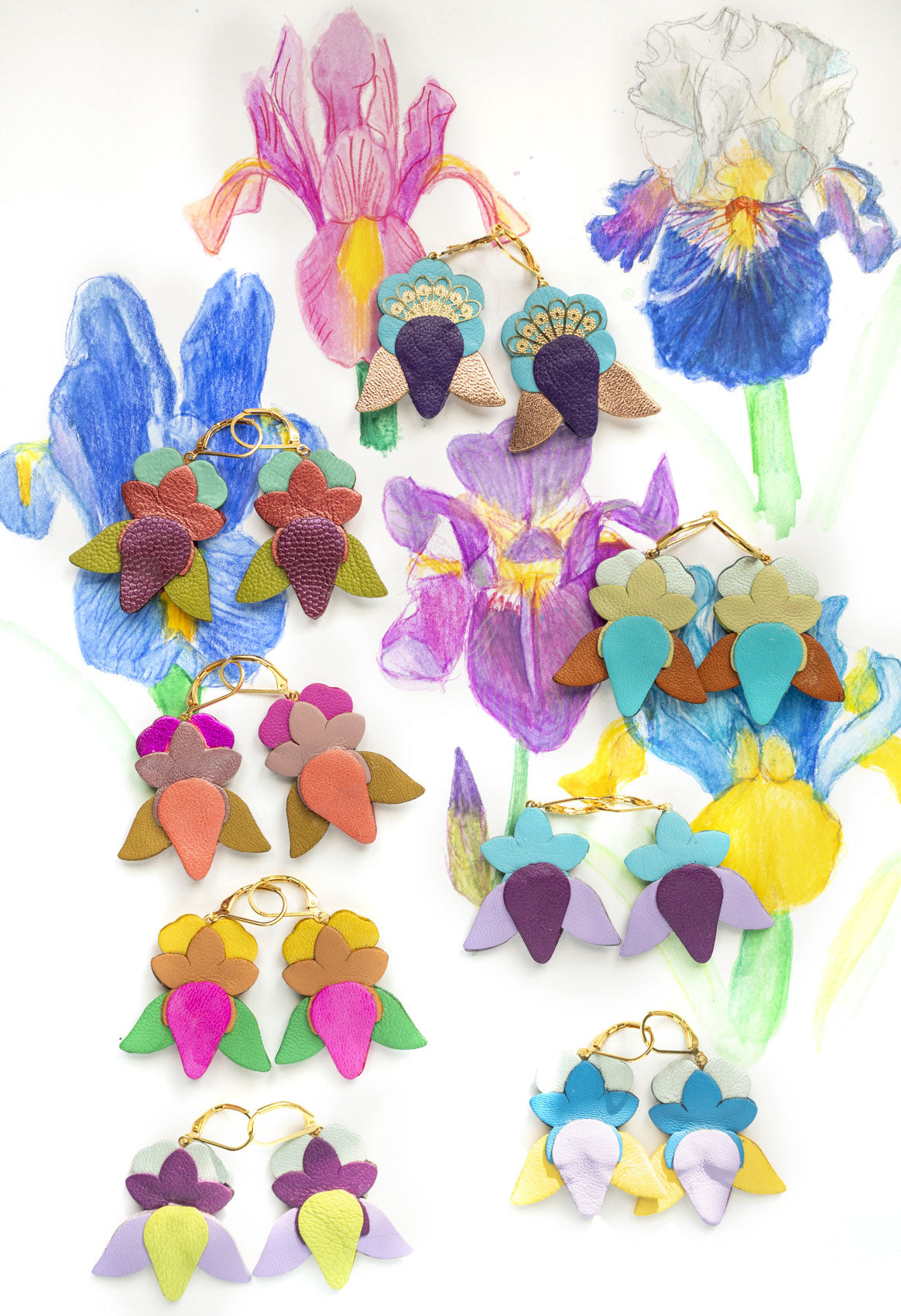 Boucles d'oreilles Iris cuir rose pâle, vert kaki, prune