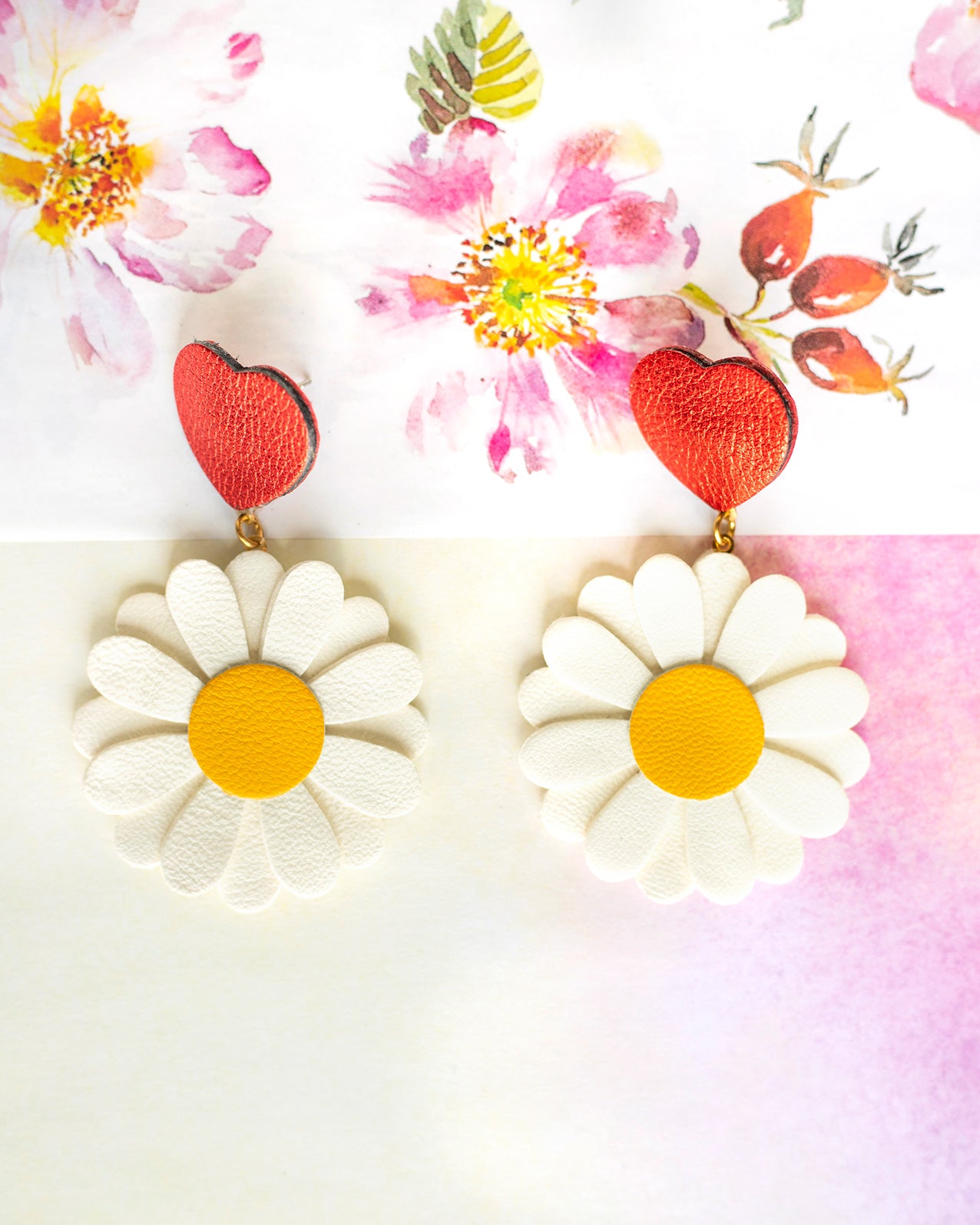 Boucles d'oreilles Marguerites Attaches Coeur - Format Maxi