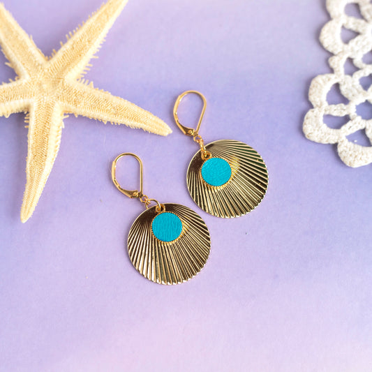 Boucles d'oreilles Atoll - cuir bleu piscine et acier doré