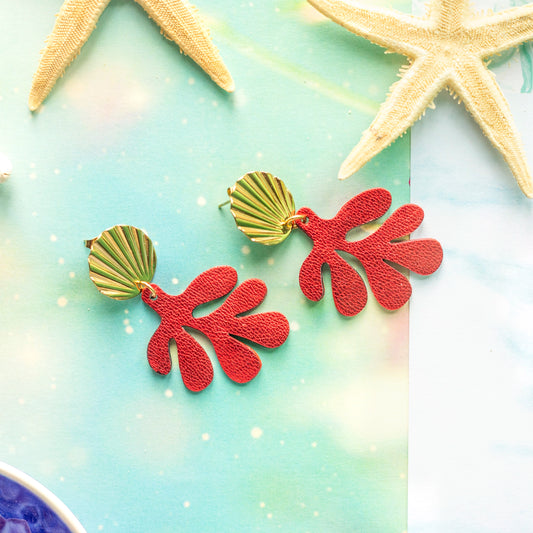 Boucles d'oreilles Corail - cuir rouge métallisé