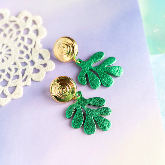Boucles d'oreilles Algues - cuir vert