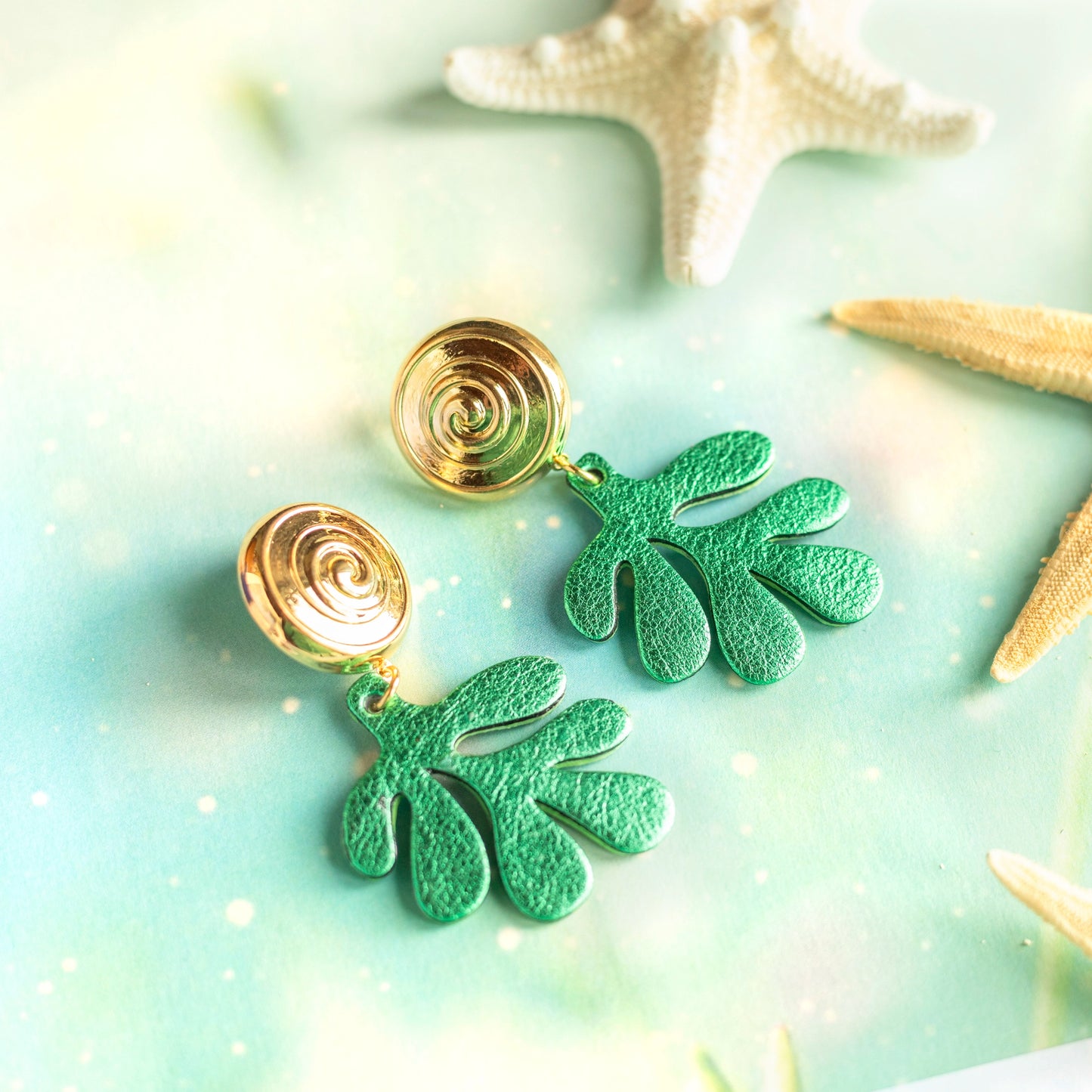 Boucles d'oreilles Algues - cuir vert