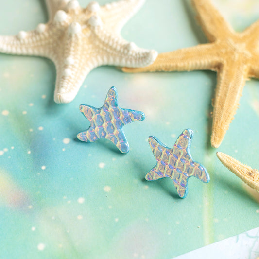 Boucles d'oreilles puces Étoiles de mer cuir blanc holographique