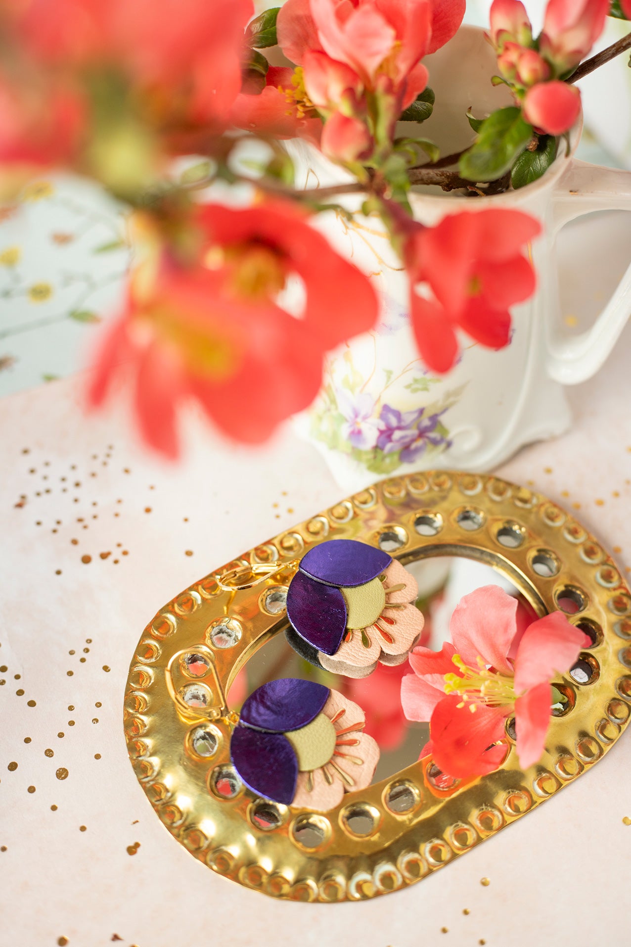 Boucles d'oreilles fleurs de cerisier violet, vert clair, rose pâle