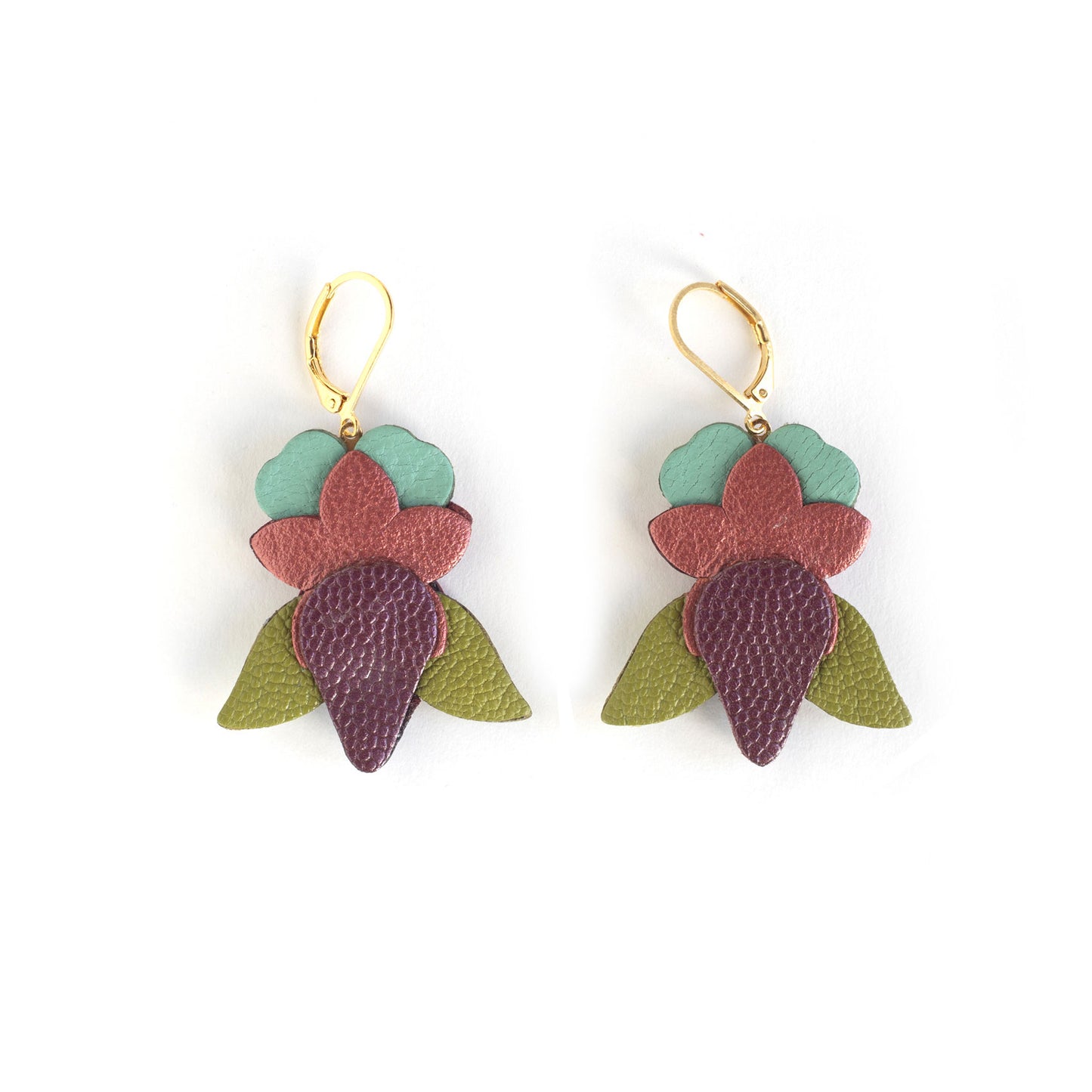 Boucles d'oreilles Iris cuir violine, cuivré, vert olive, aiguemarine