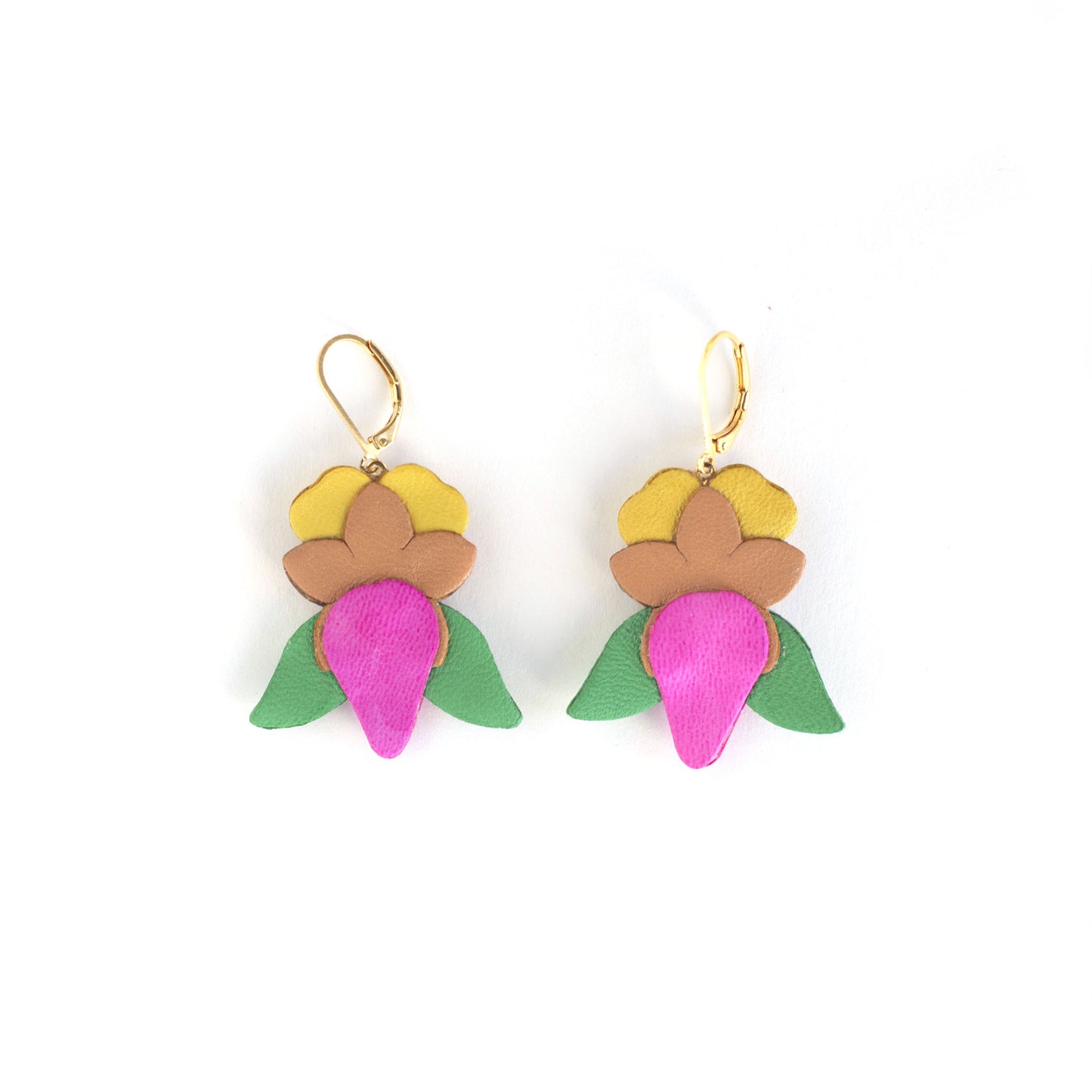 Boucles d'oreilles Iris cuir fuchsia, ocre, jaune, vert vif