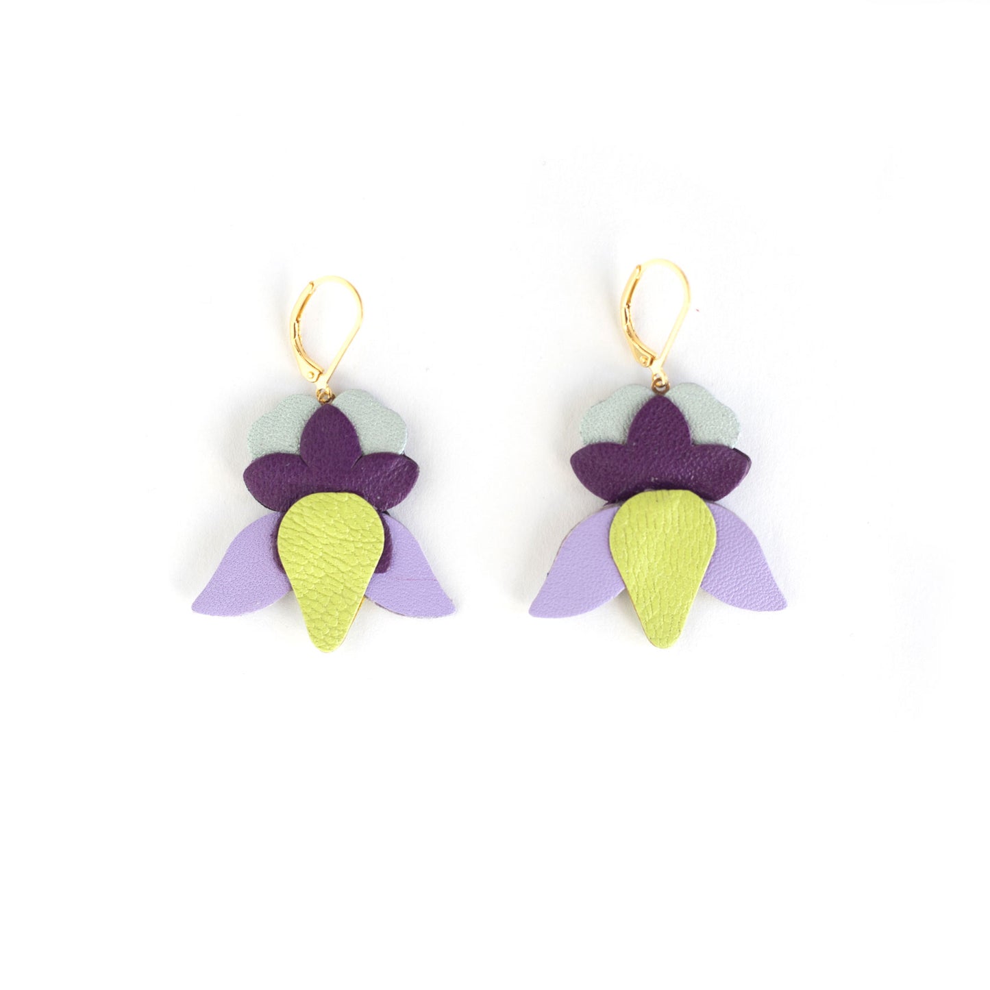 Boucles d'oreilles Iris cuir chartreuse, mauve, violet foncé