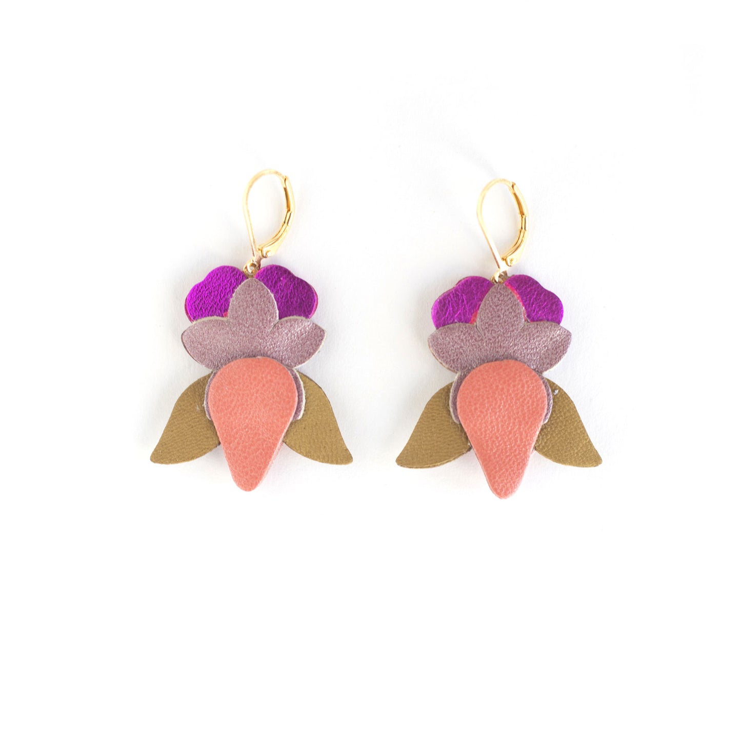 Boucles d'oreilles Iris cuir rose incarnat, mauve métallisé, fuchsia