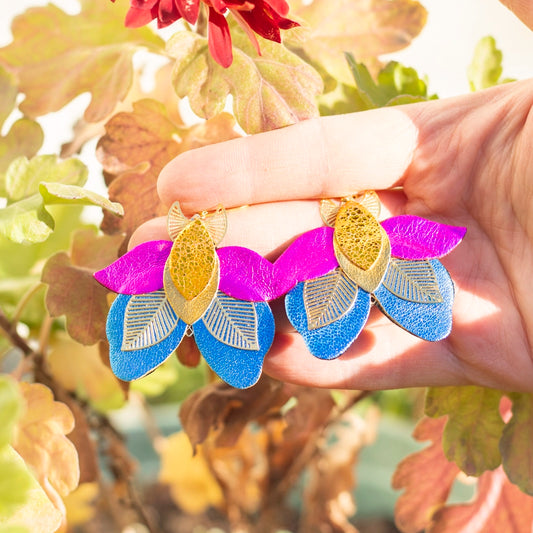 Boucles d’oreilles papillons jaune orangé, fuchsia, bleu roi