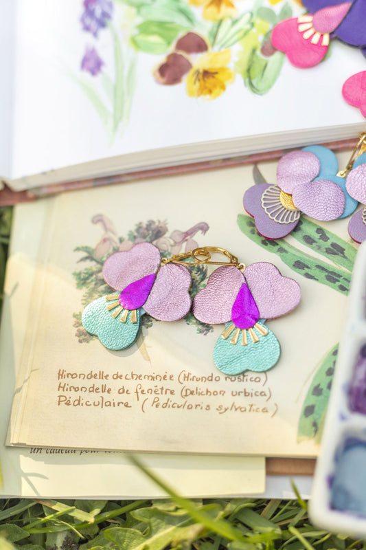 Boucles d’oreilles Pensées géantes - rose métallisé et turquoise