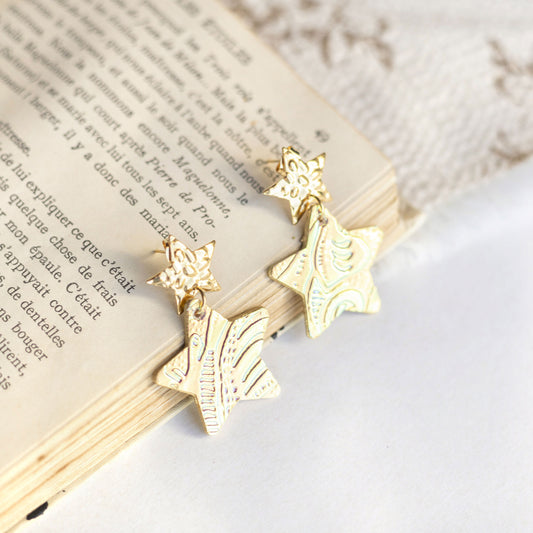 Boucles d'oreilles Etoiles - cuir holographique jaune