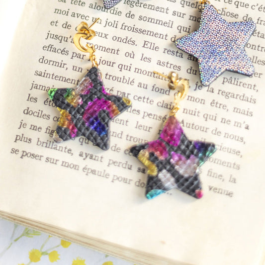 Boucles d'oreilles Etoiles - cuir rose métallisé - multicolores- argent holographique