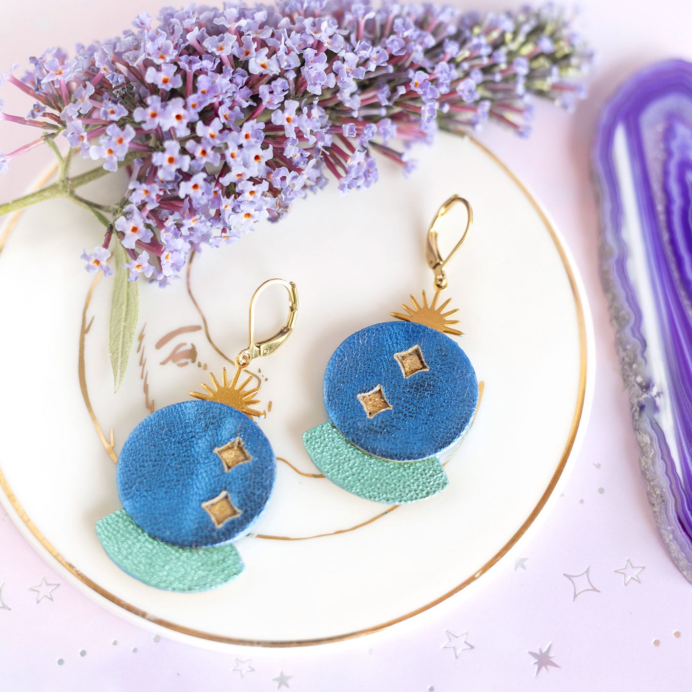 Boucles d'oreilles Boule de Cristal cuir bleu azur