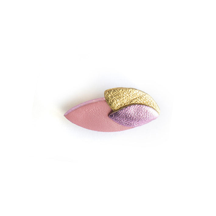 Broche Feuilles en cuir rose, doré, framboise