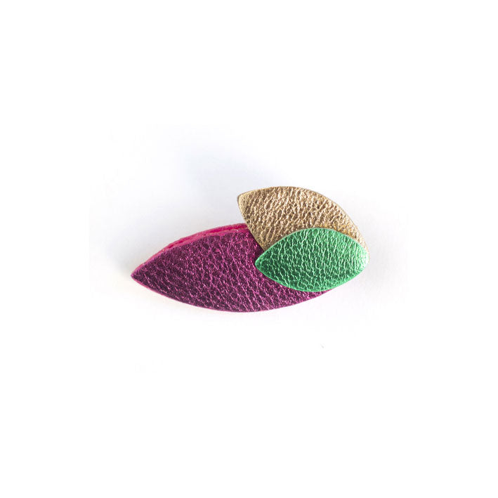 Broche Feuilles en cuir rose, doré, framboise