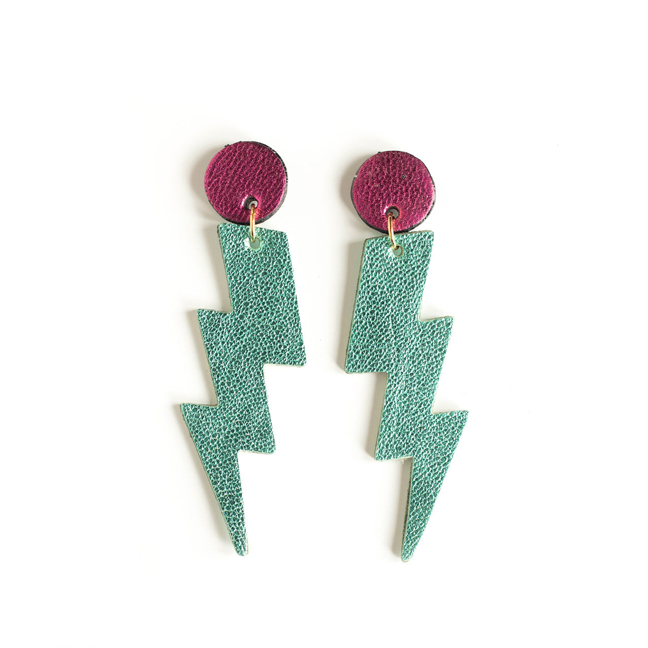 Boucles d'oreilles puces éclairs en cuir turquoise métallisé et framboise