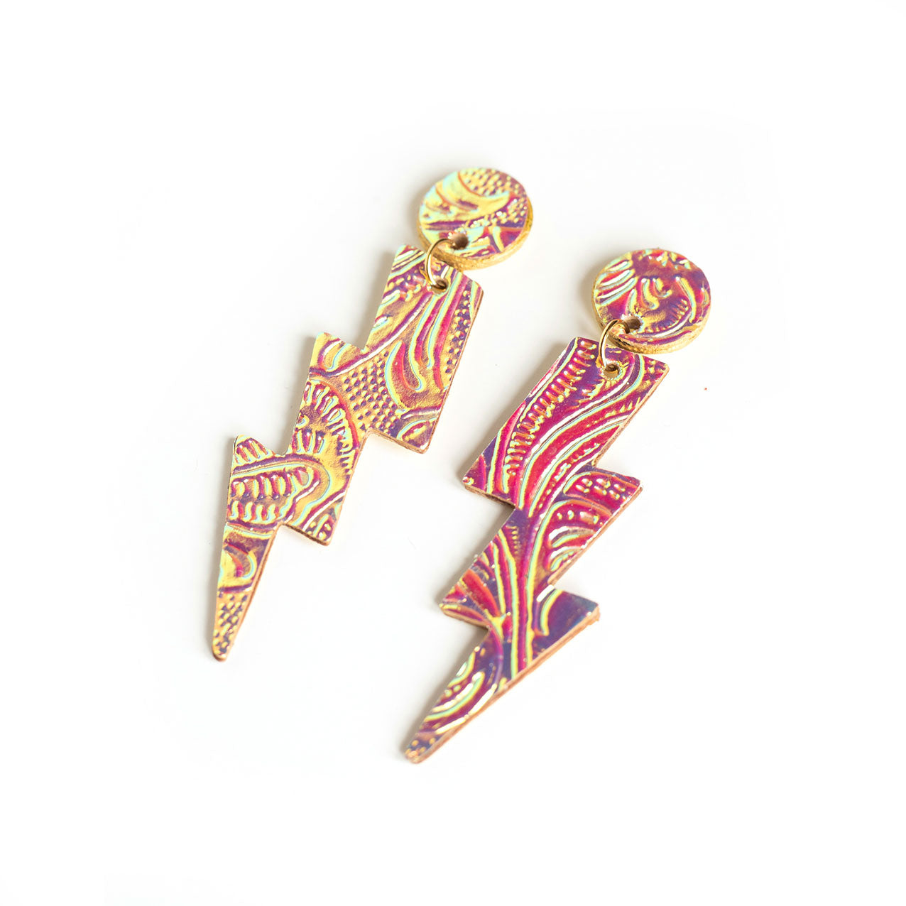 Boucles d'oreilles puces éclairs en cuir jaune rose holographique