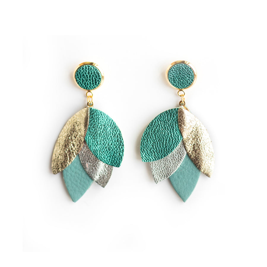 Boucles d'oreilles Dahlia - cuir platine, turquoise métallisé, argenté
