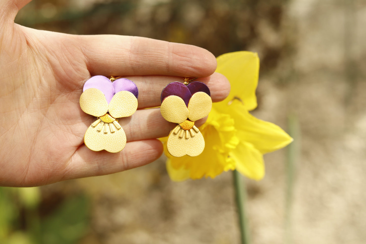 Boucles d’oreilles Pensées - violet orange et jaune