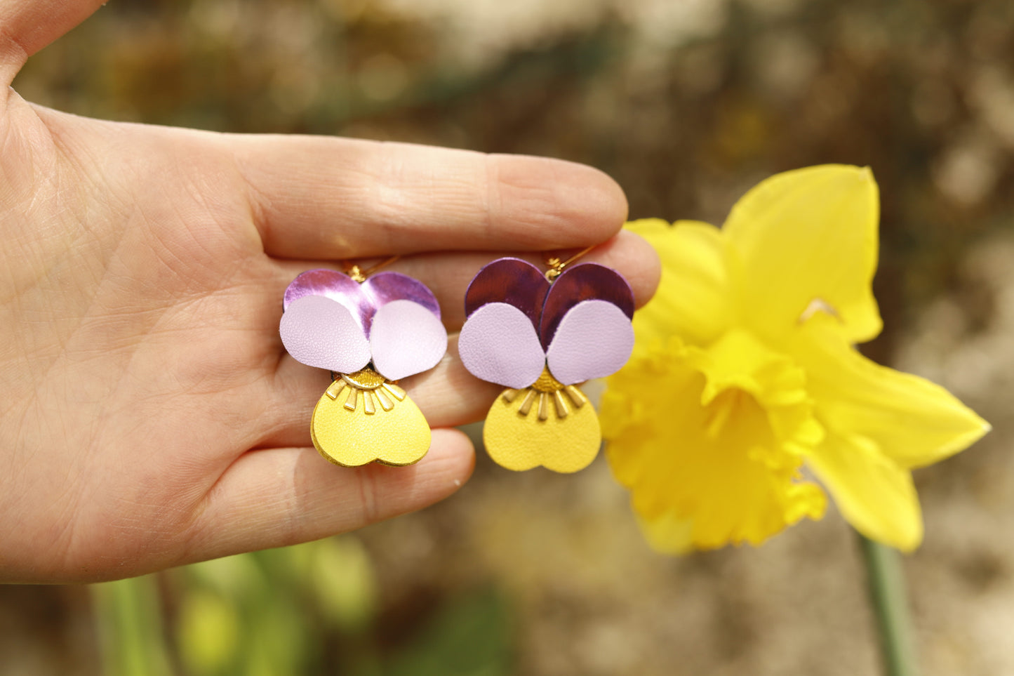 Boucles d’oreilles Pensées - violet mauve et jaune