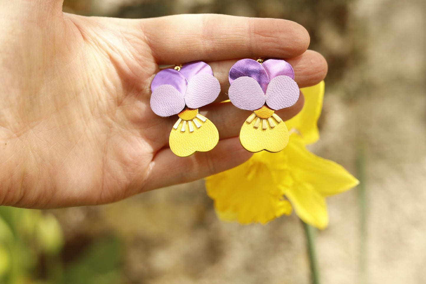 Boucles d’oreilles Pensées - violet mauve et jaune