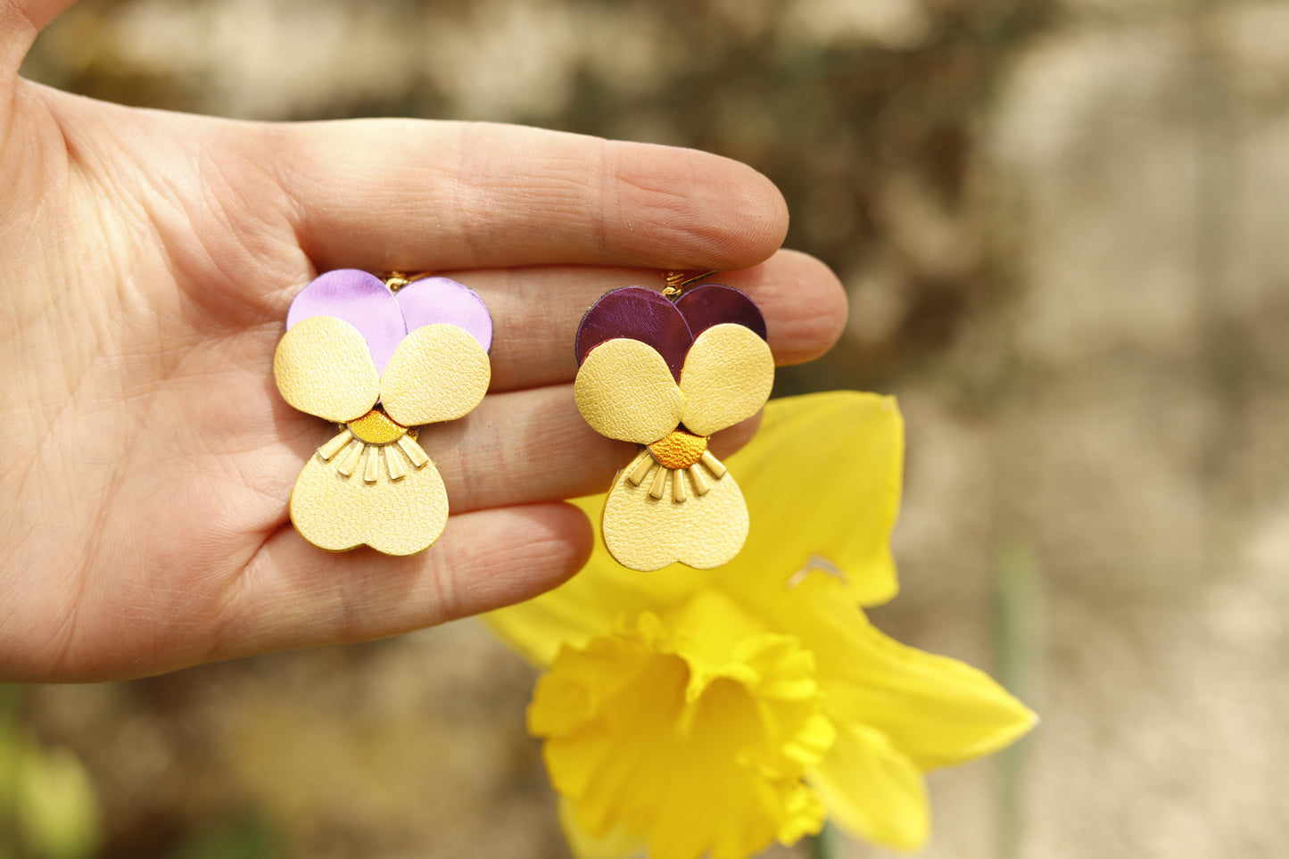 Boucles d’oreilles Pensées - violet orange et jaune