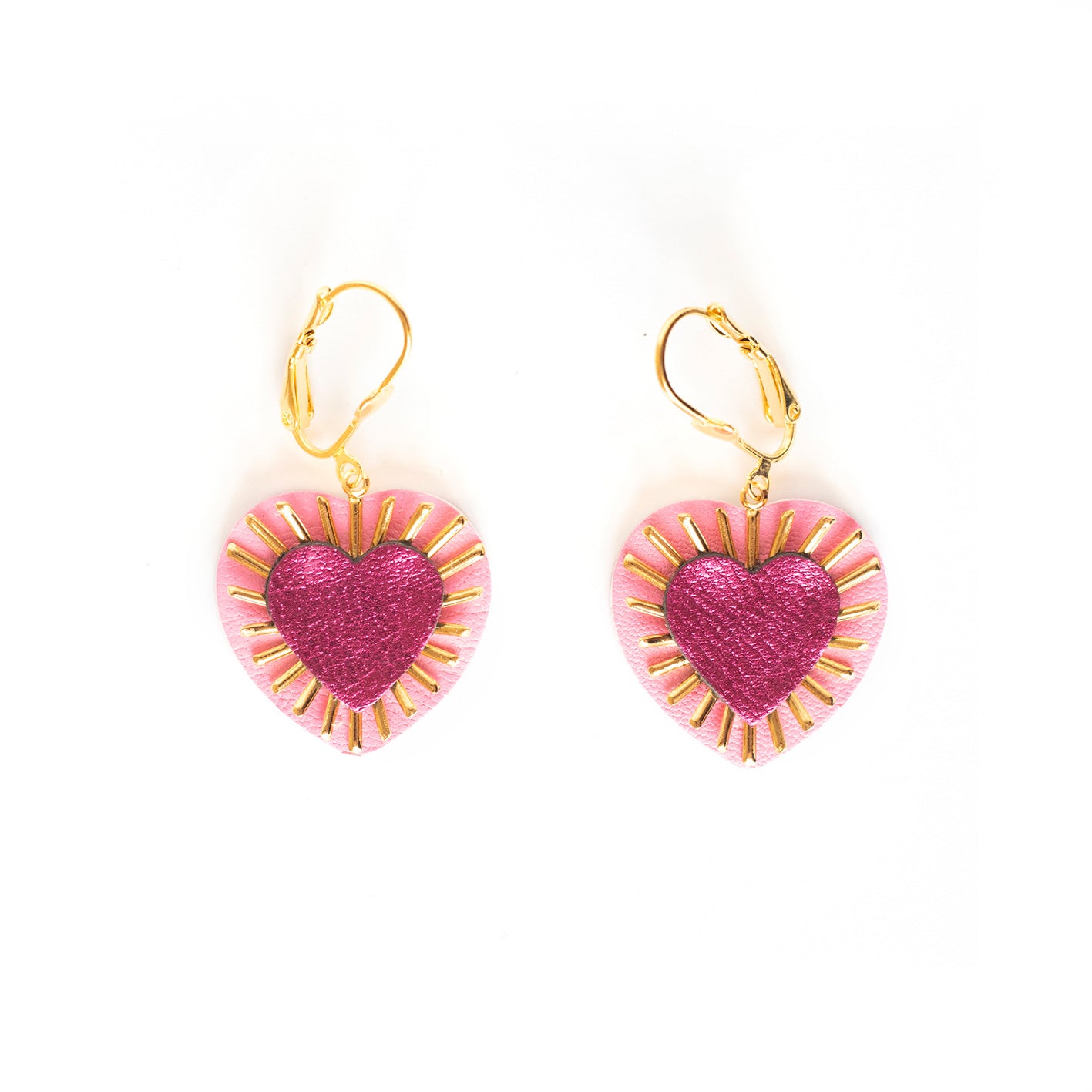 Boucles d'oreilles Sacré Coeur rose et fuchsia métallisé