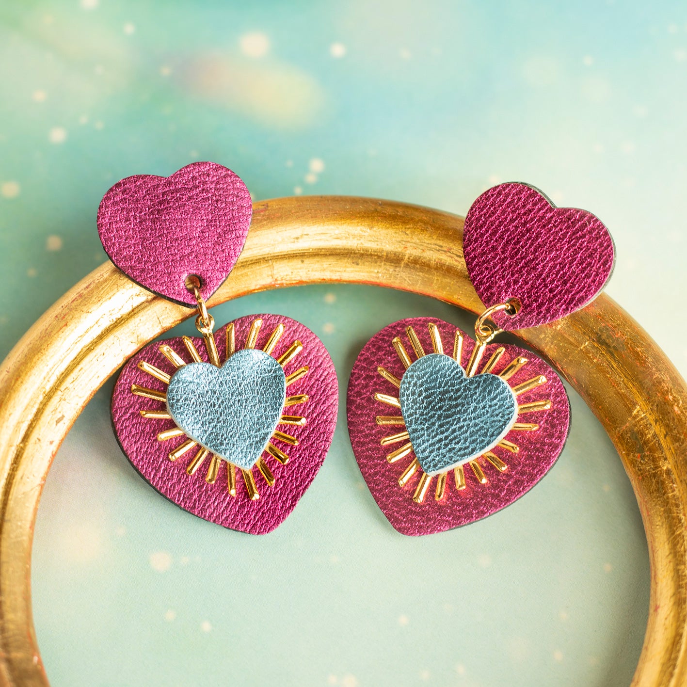 Boucles d'oreilles Sacré Coeur framboise et bleu
