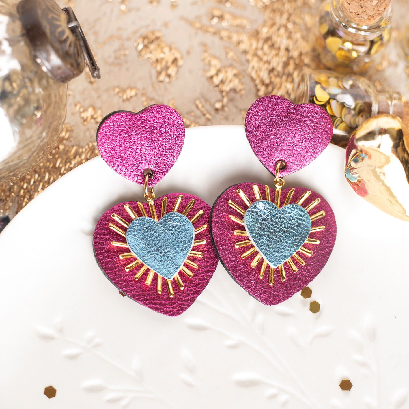 Boucles d'oreilles Sacré Coeur framboise et bleu