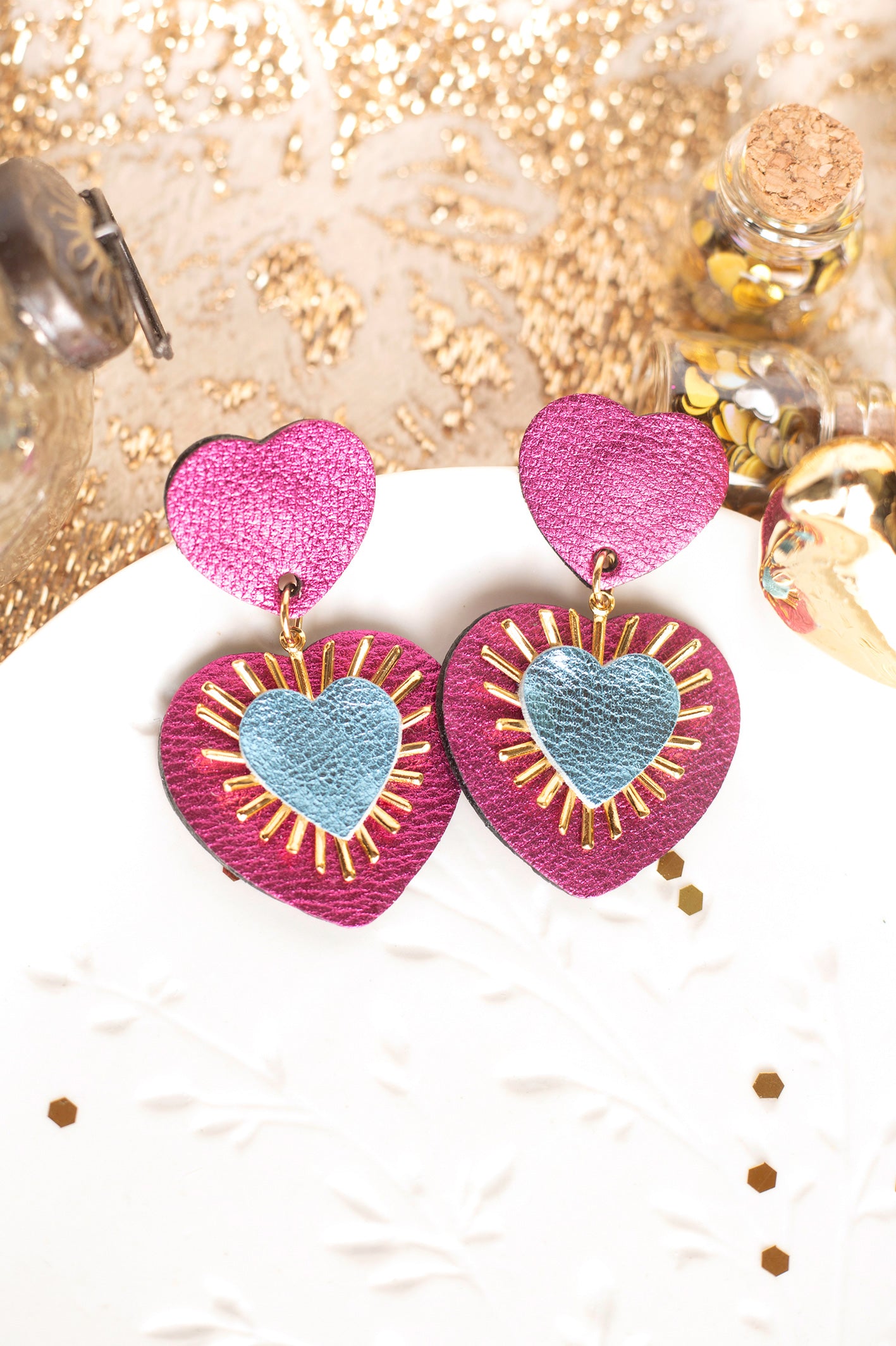 Boucles d'oreilles Sacré Coeur framboise et bleu