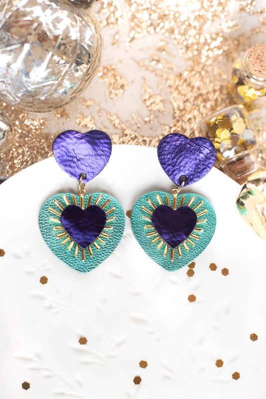 Boucles d'oreilles Sacré Coeur violet et bleu turquoise métallisé