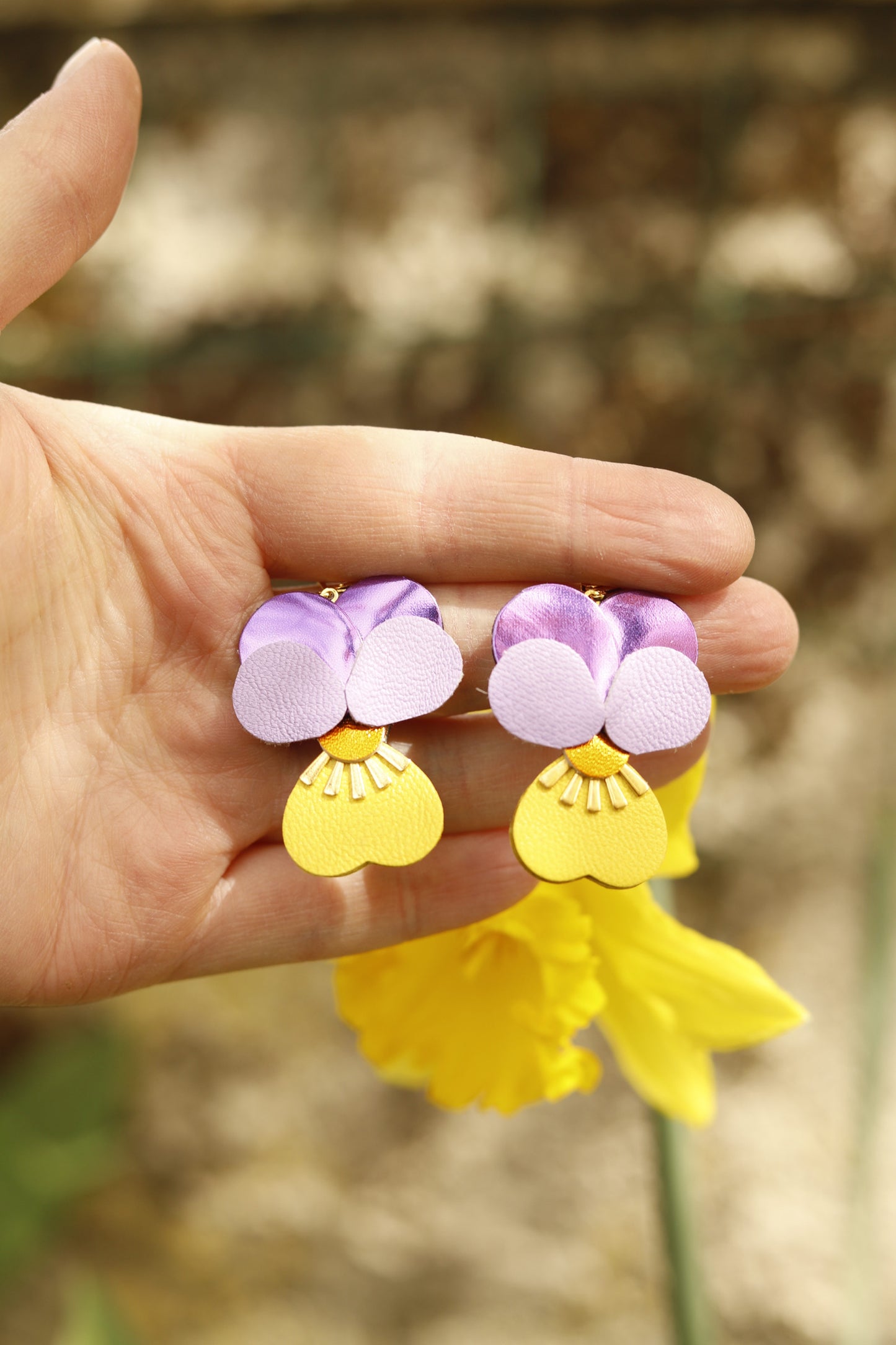 Boucles d’oreilles Pensées - violet mauve et jaune