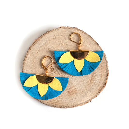 Boucles d'oreilles éventail bleu et jaune