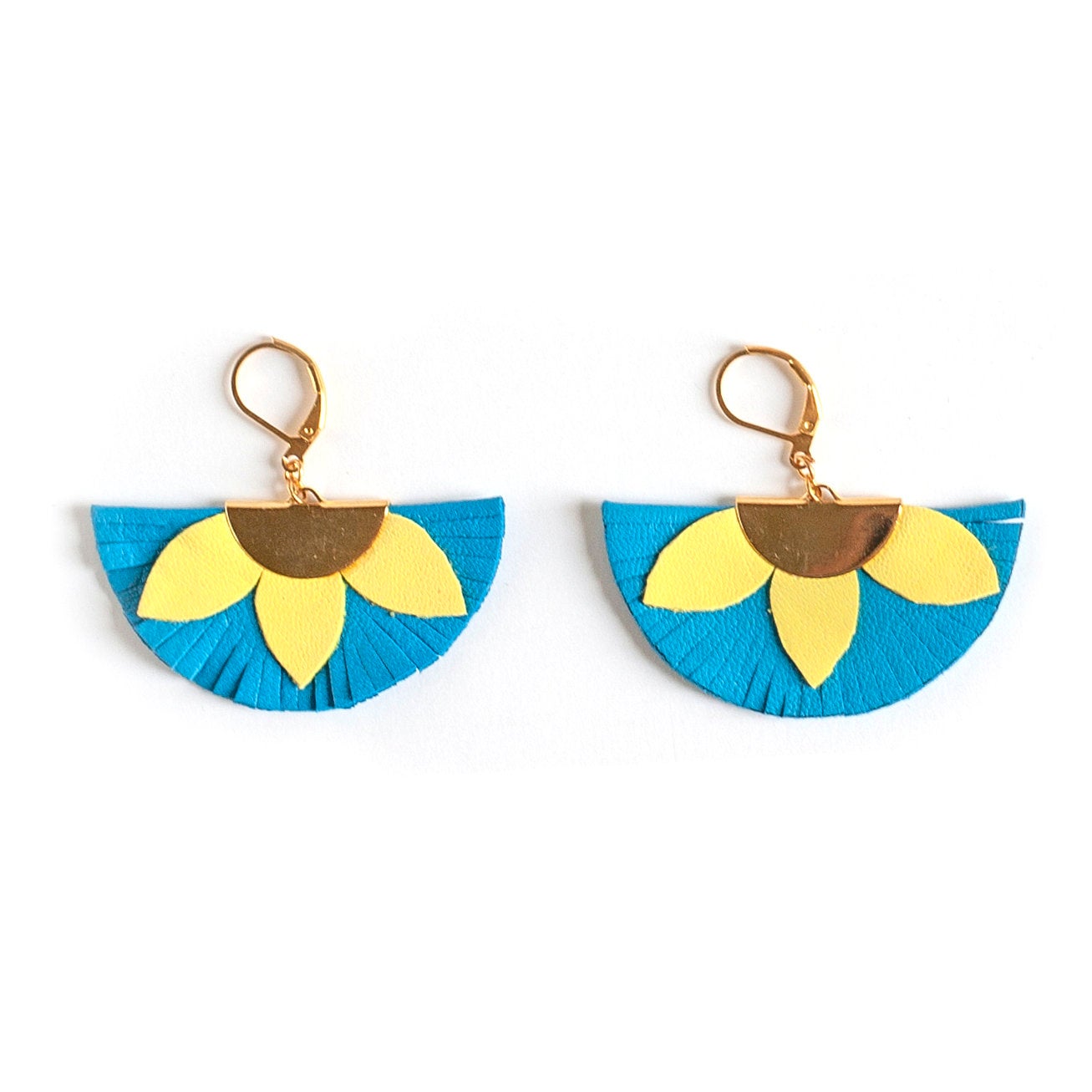 Boucles d'oreilles éventail bleu et jaune