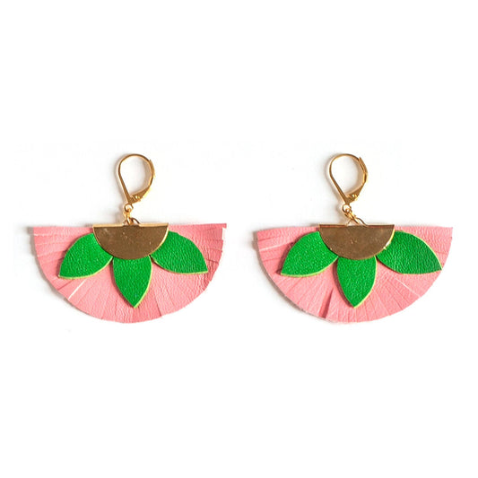 Boucles d'oreilles demi-cercle en cuir rose et vert