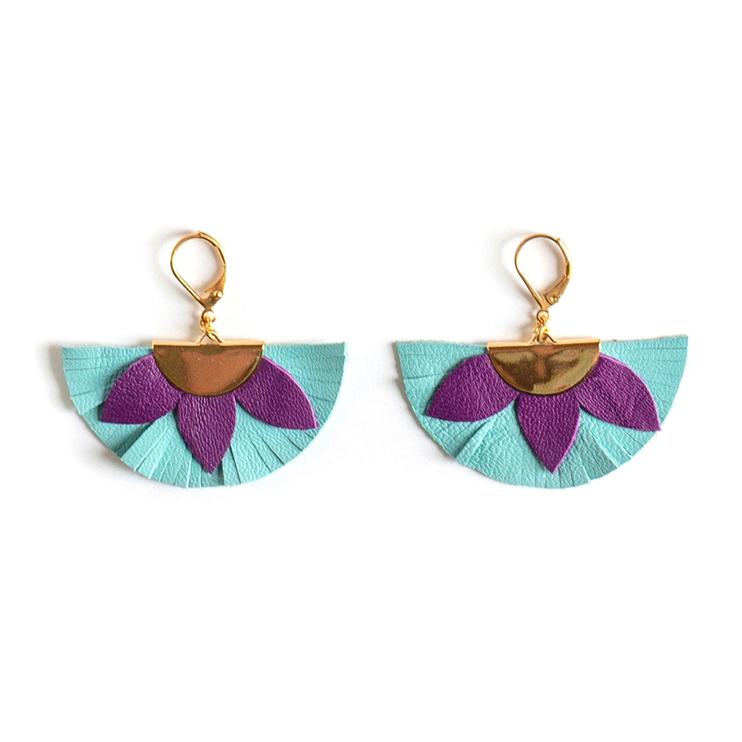 Boucles d'oreilles demi-cercle violet et bleu clair en cuir