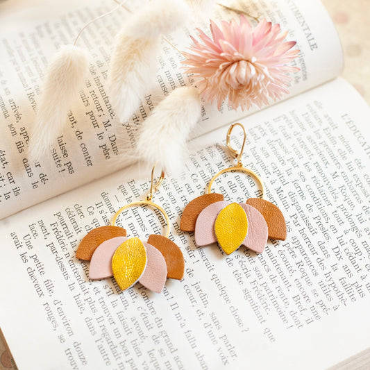 Boucles d'oreilles Nymphéas cuir doré rose marron caramel
