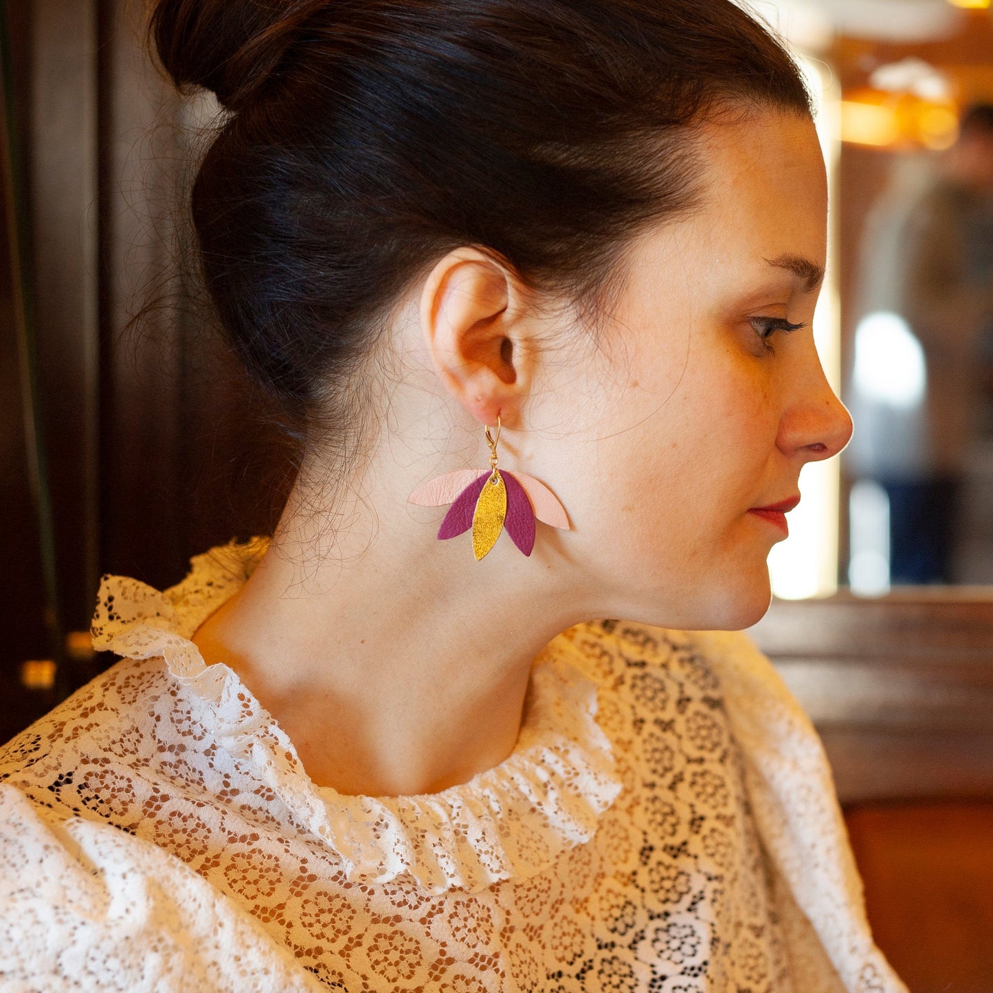 Boucles d'oreilles Palmier cuir doré marron rose