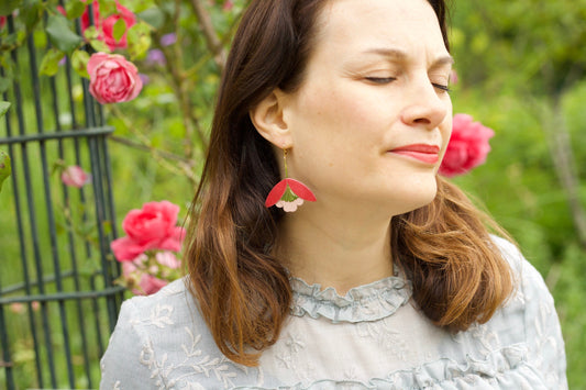 Boucles d'oreilles Fleurs de Ginkgo en cuir rouge et rose clair