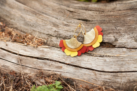 Boucles d'oreilles Eventails rouge orange jaune et doré