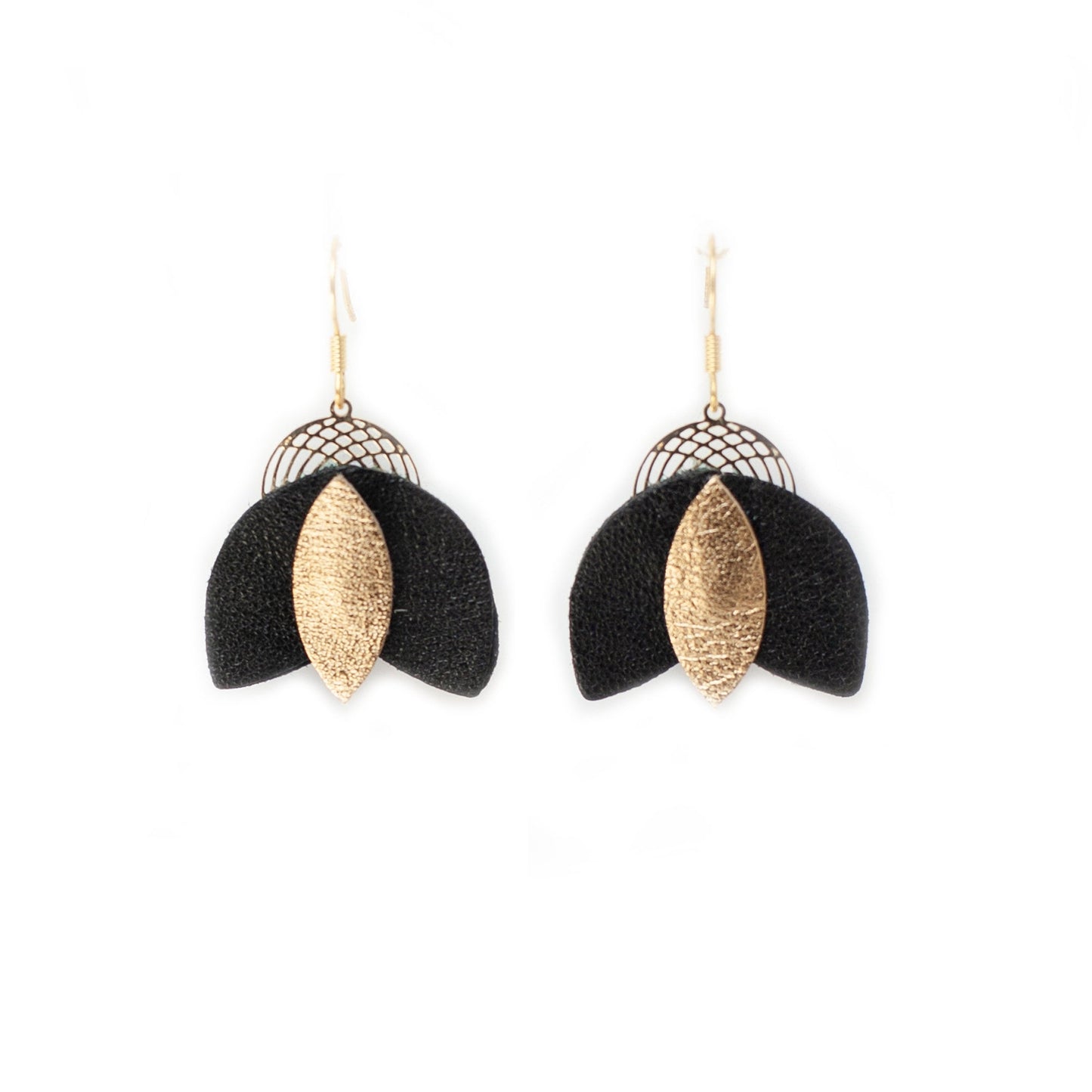 Boucles d’oreilles Cigales en cuir noir et doré