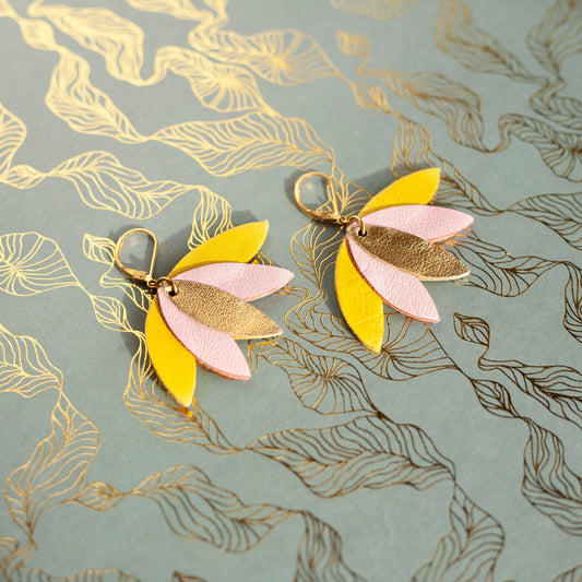 Boucles d'oreilles Palmier en cuir jaune rose et doré