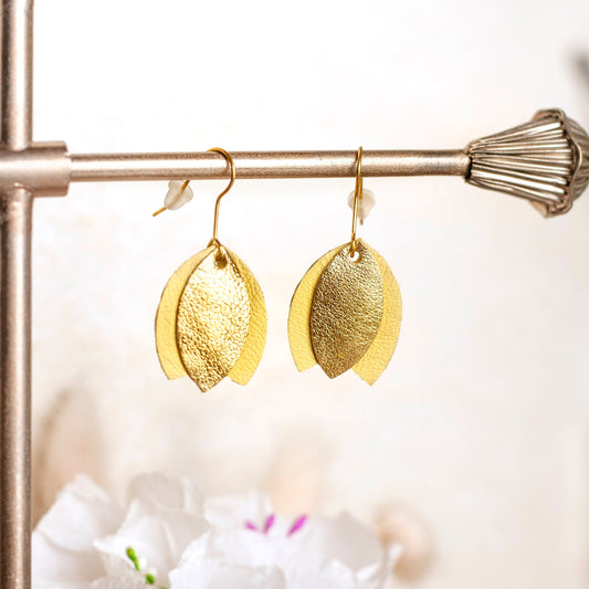 Boucles d'oreilles tulipe cuir doré et jaune