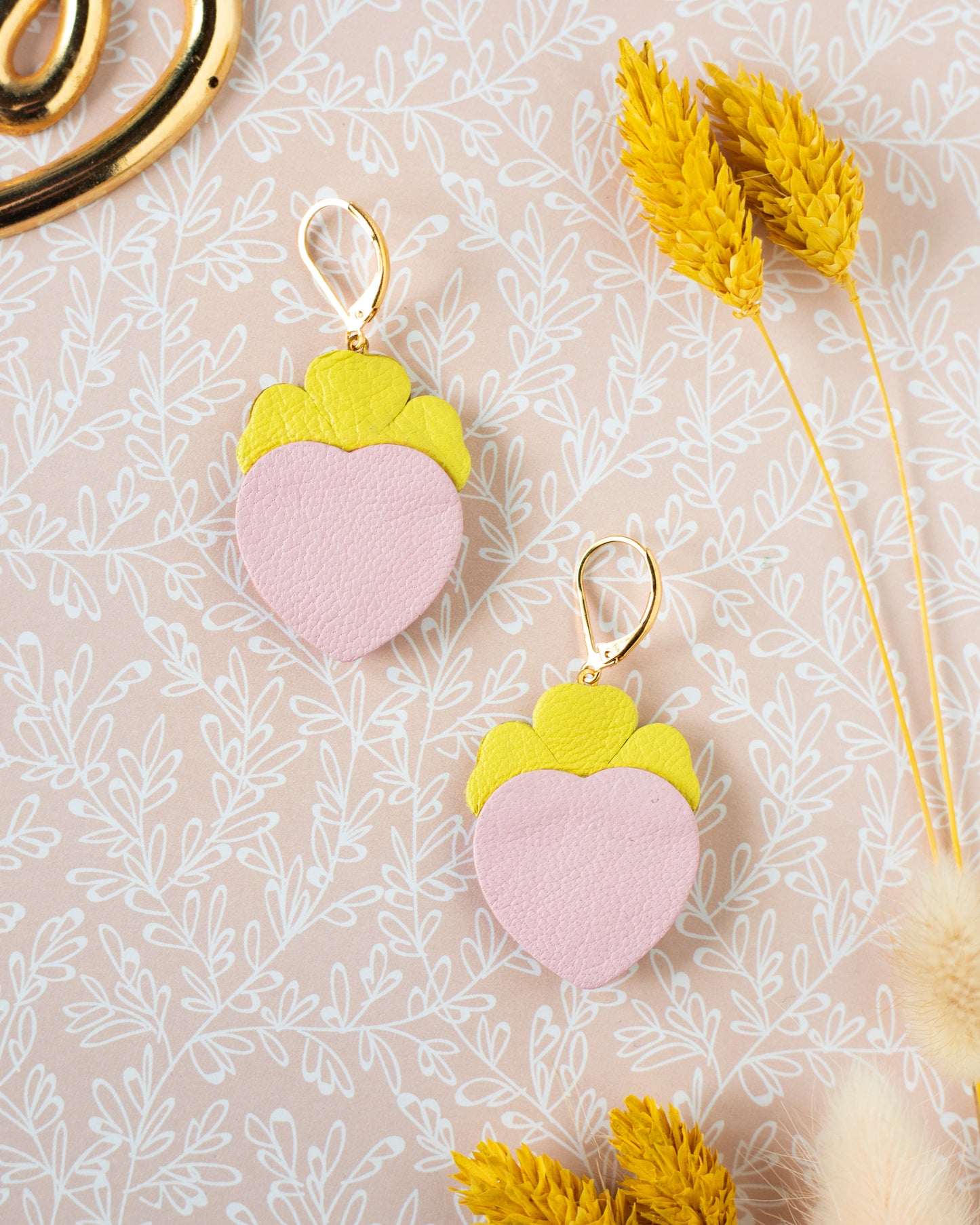 Pink and yellow floral hearts earrings