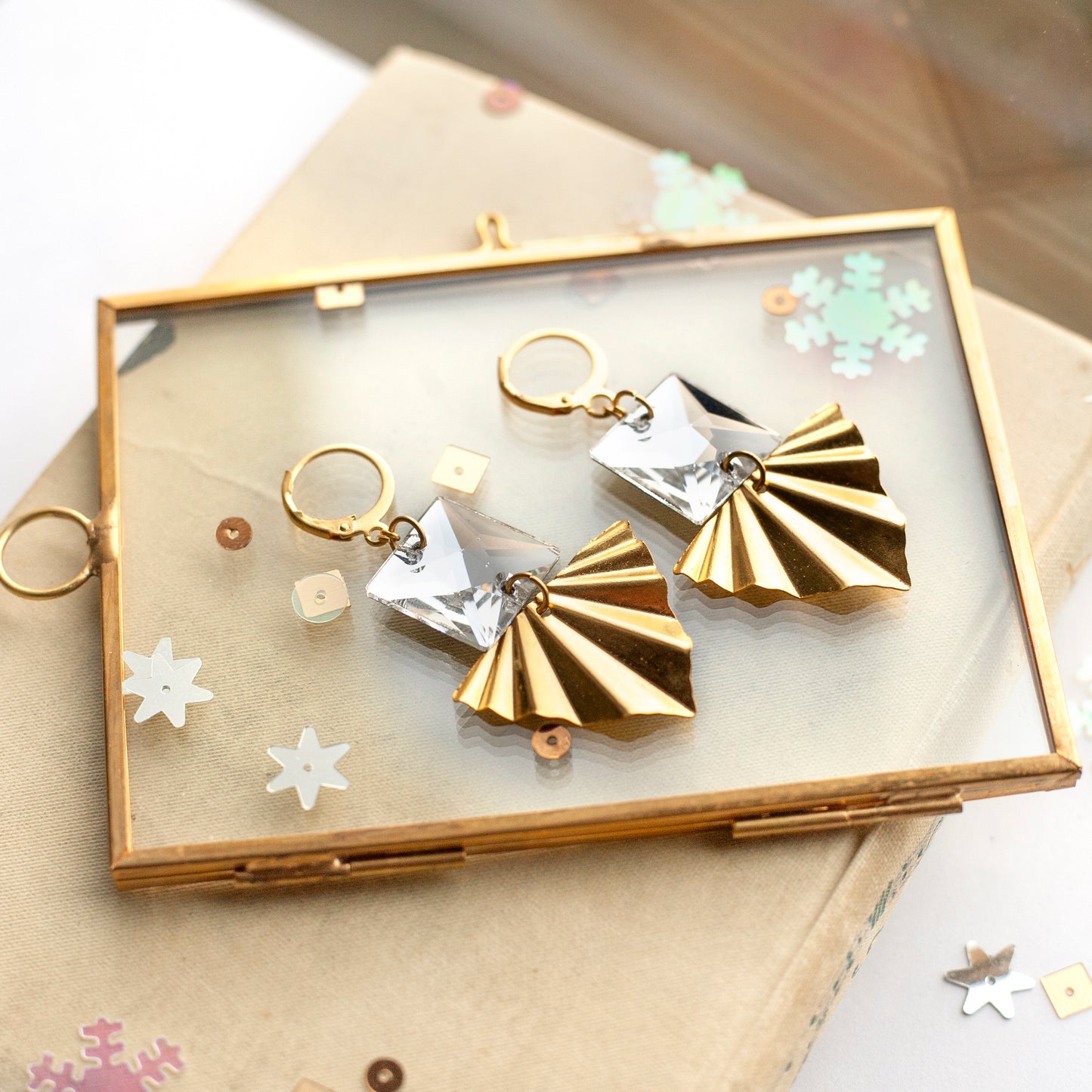Square vintage crystal earrings and golden triangle pendants