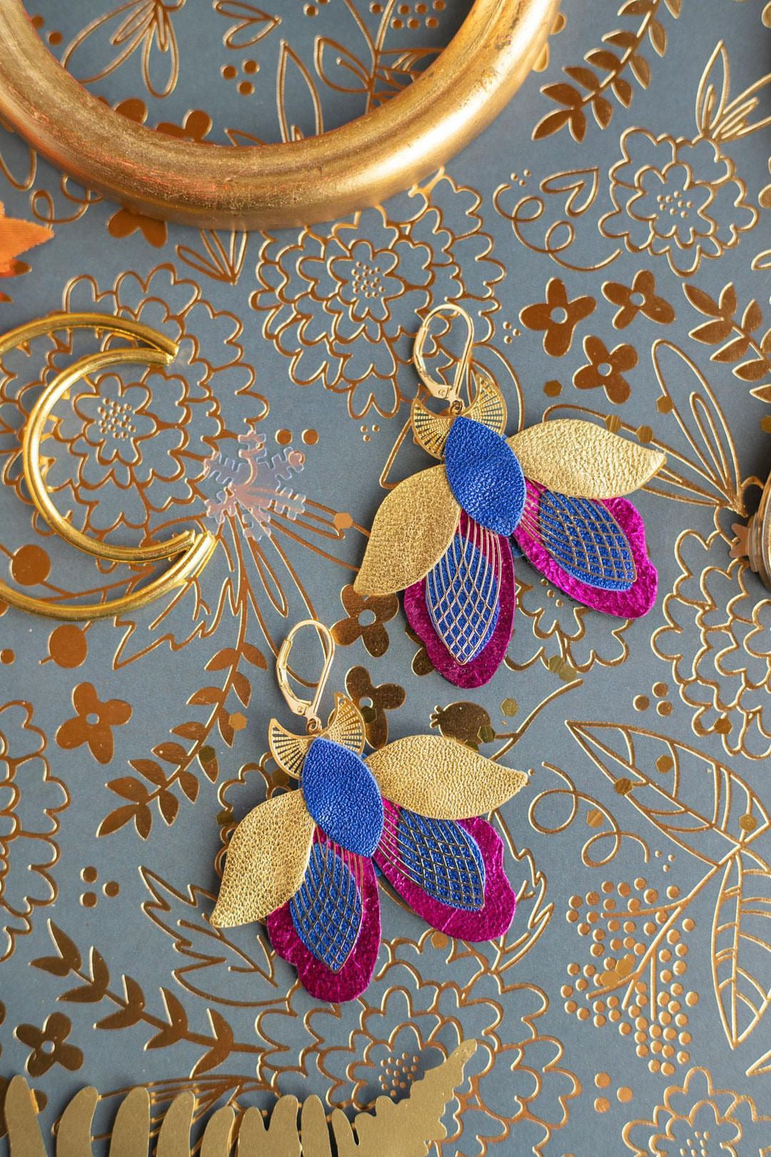 Ultramarine blue, metallic fuchsia and gold moth earrings