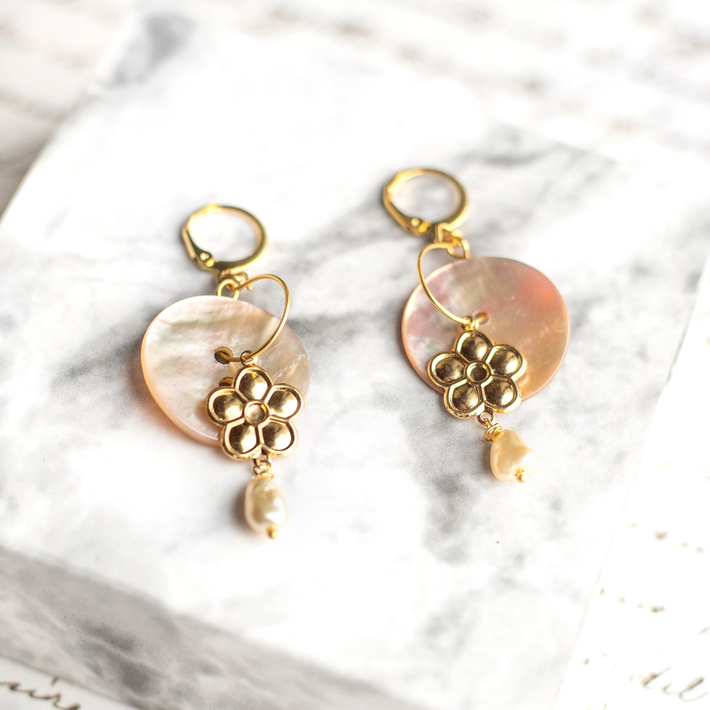 Pink mother-of-pearl button and freshwater pearl earrings